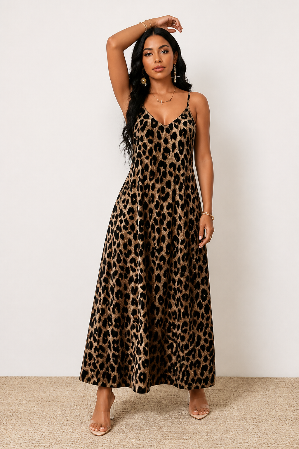 Leopard Print Belted Spaghetti Strap Dress