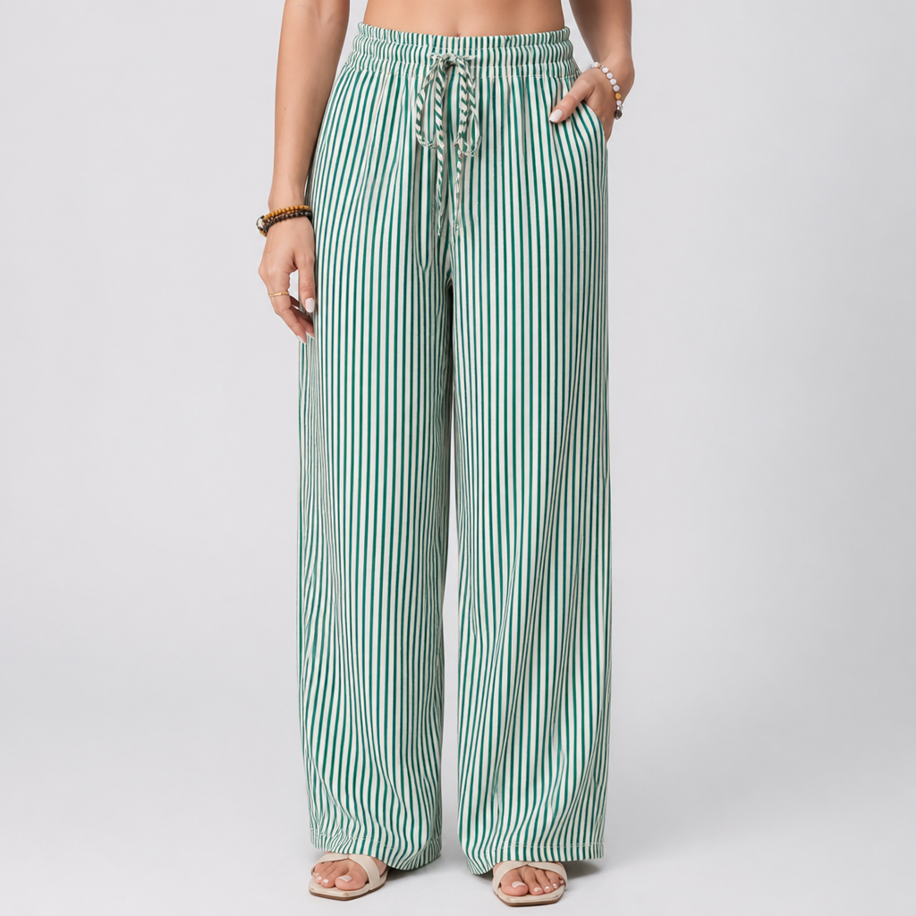 Elastic Drawstring Wide-Leg Striped Pants