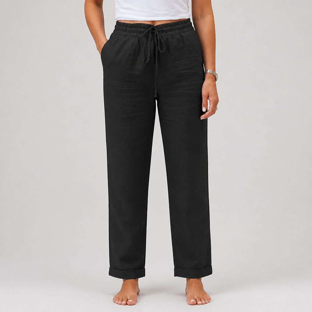 Breathable Cotton-Linen Relaxed Fit High-Waist Pants (Elastic Waistband)