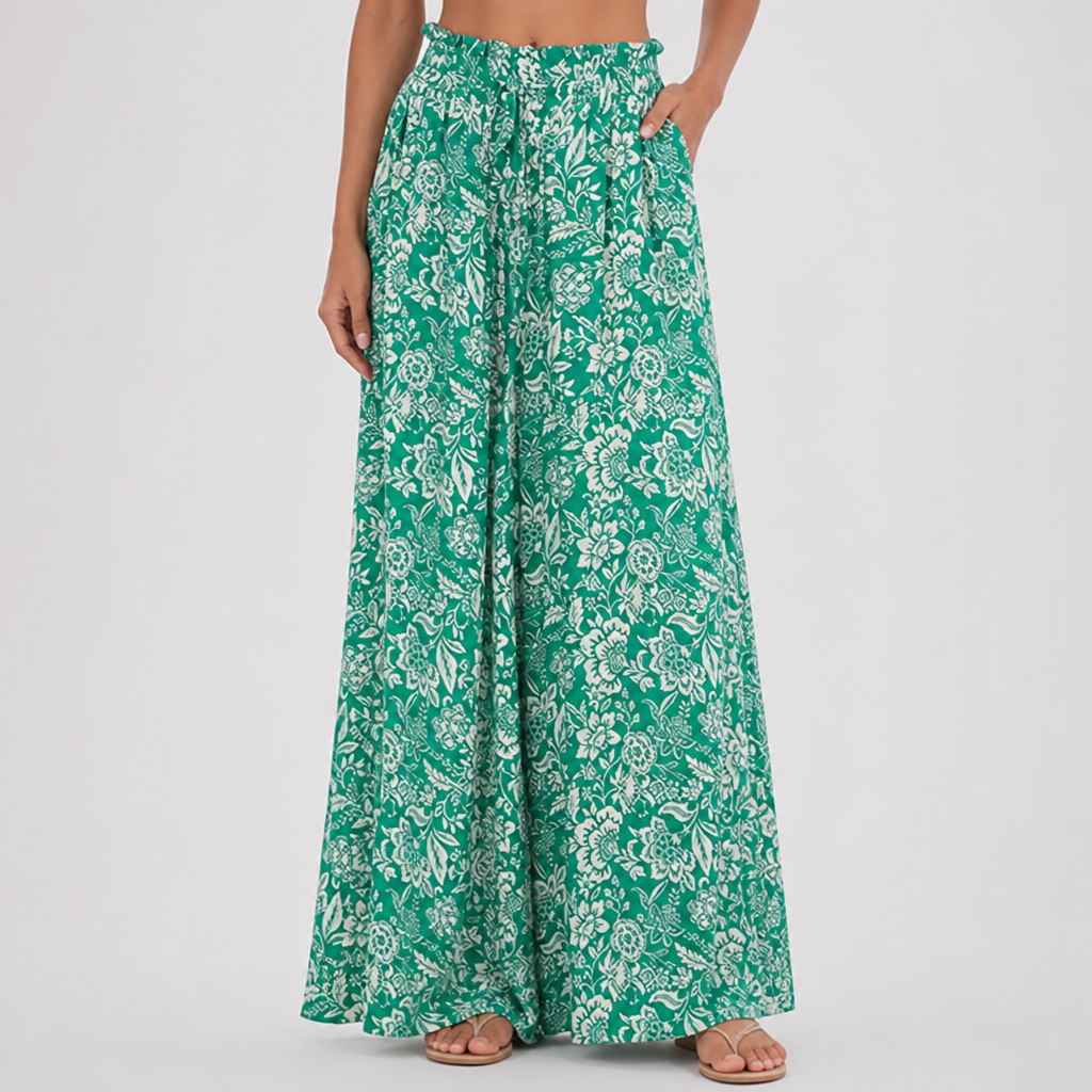 Elastic Waistband Wide-Leg Printed Pants