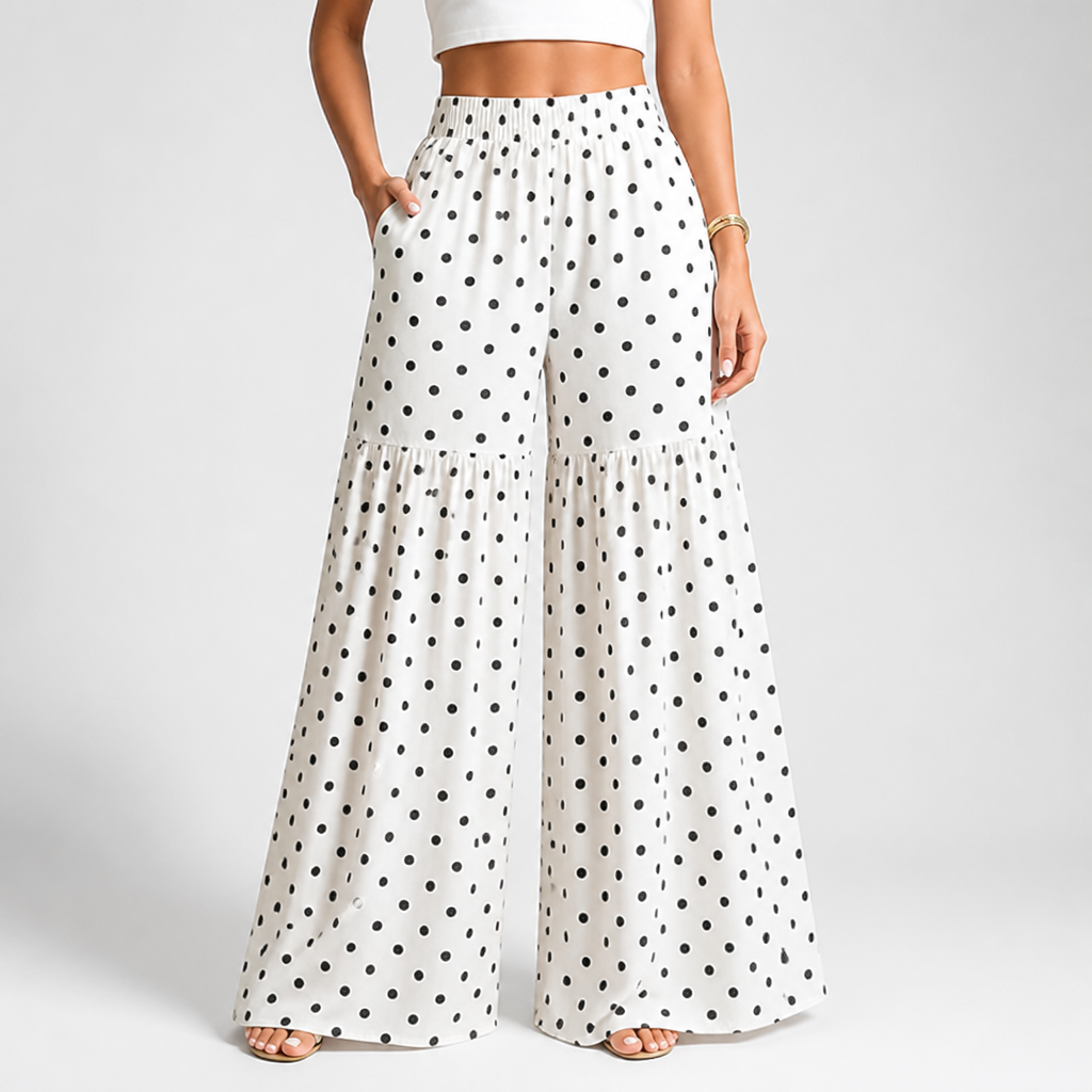 High-Waist Drapey Polka Dot Wide-Leg Pants