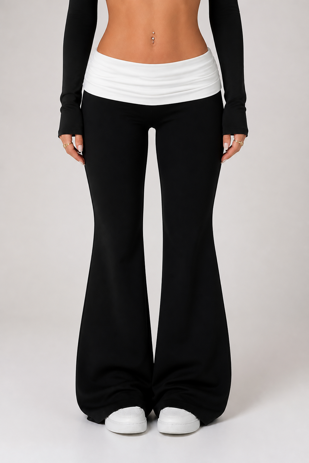 Y2K High-Stretch Contrast Waistband Flare Pants (Machine Washable)