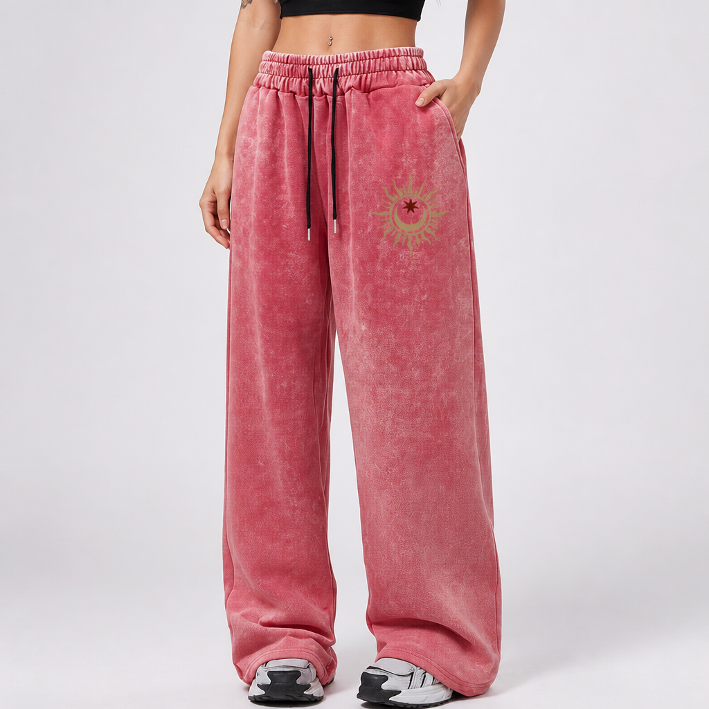 Elastic Drawstring Waist & Celestial Print Wide-Leg Pants
