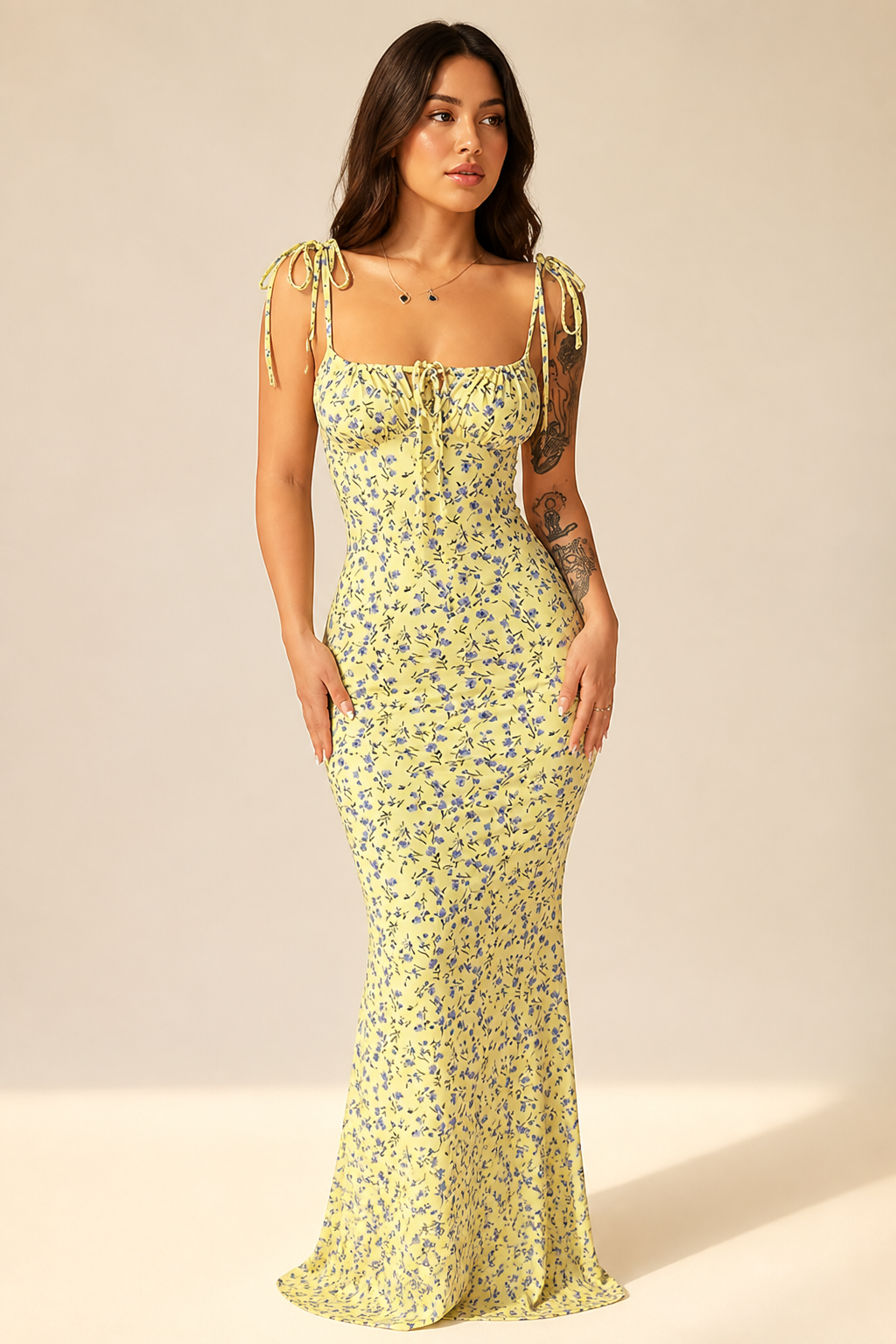 Adjustable Self-Tie Straps & Mermaid Silhouette Floral Maxi Dress