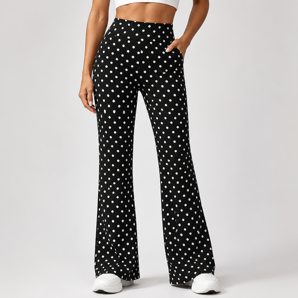High-Waist Tummy Control Stretch Flared Pants (Polka Dot Print)