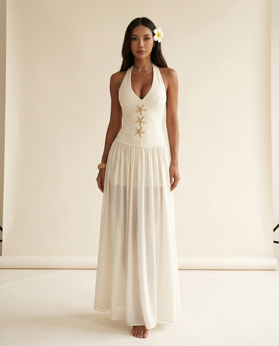Lightweight Plunge Neck Star-Print Beach Dress
