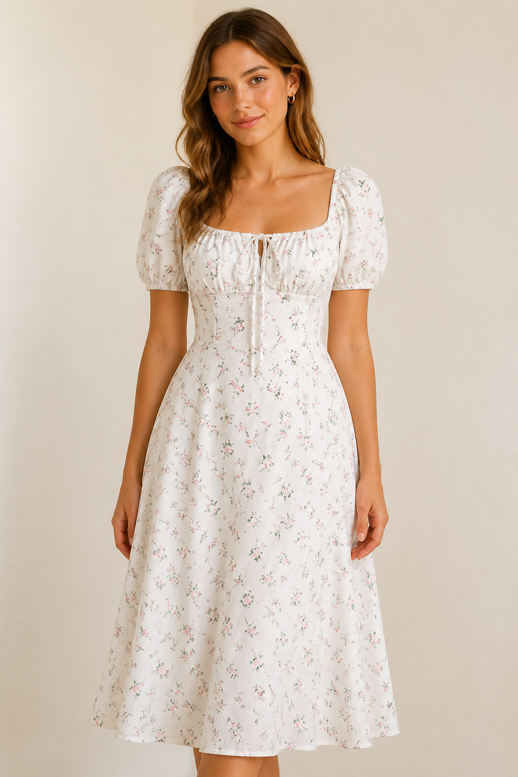 Waist-Cinching Floral Square-Neck Dress