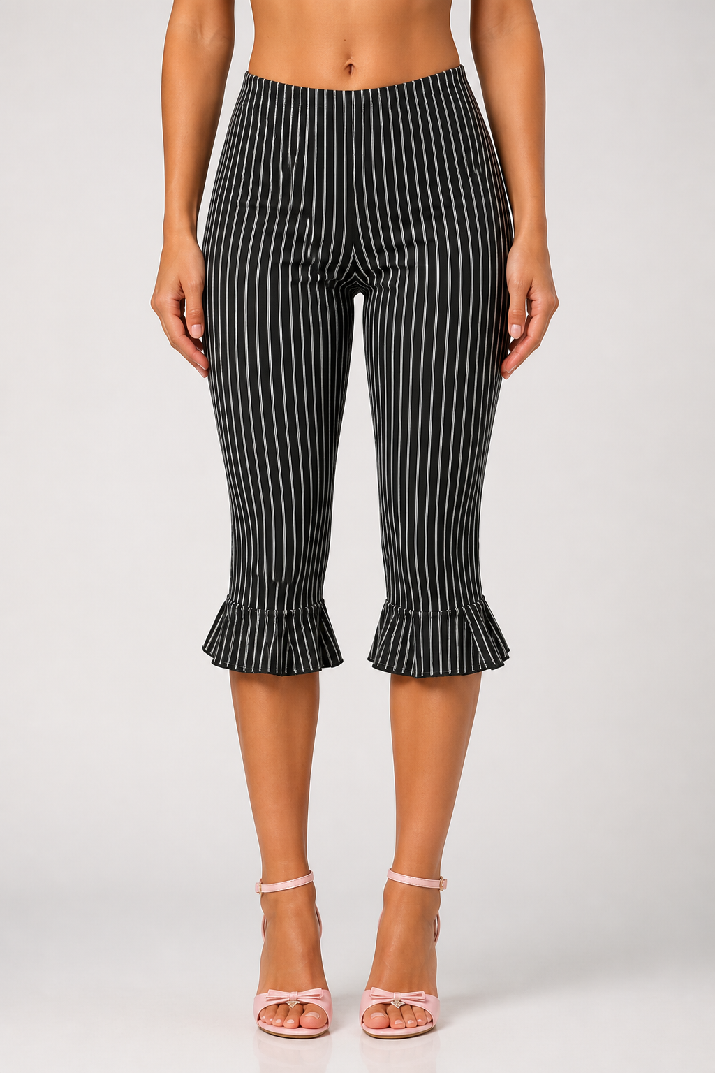 Elastic-Waist Striped Ruffle Capri Pants