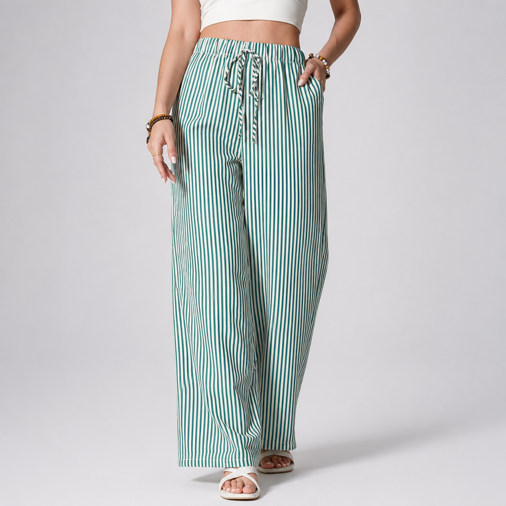 Elastic Drawstring Wide-Leg Striped Pants