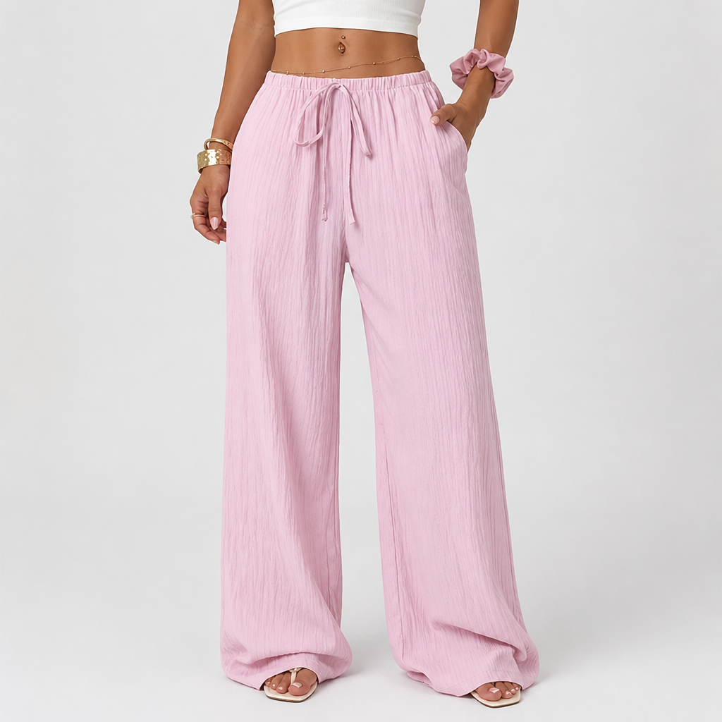 Waist-Tie Wide-Leg Women's Two-Piece Set With Pockets