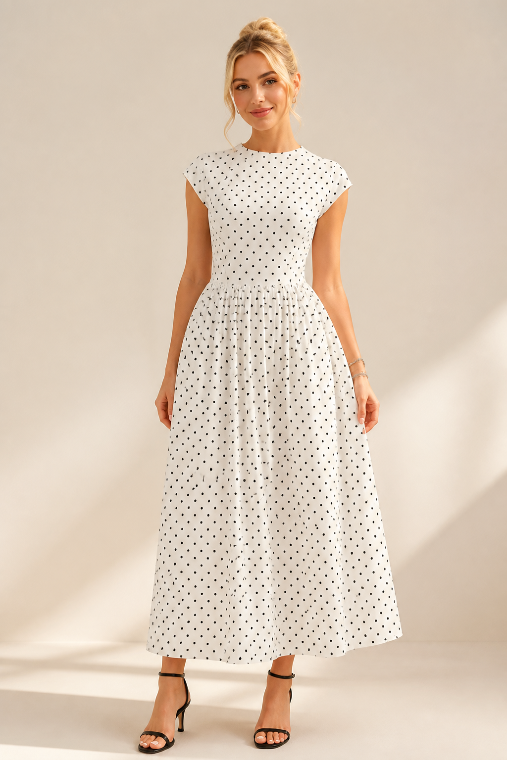 Waist-Cinching Lightweight & Breathable Long Polka Dot Dress