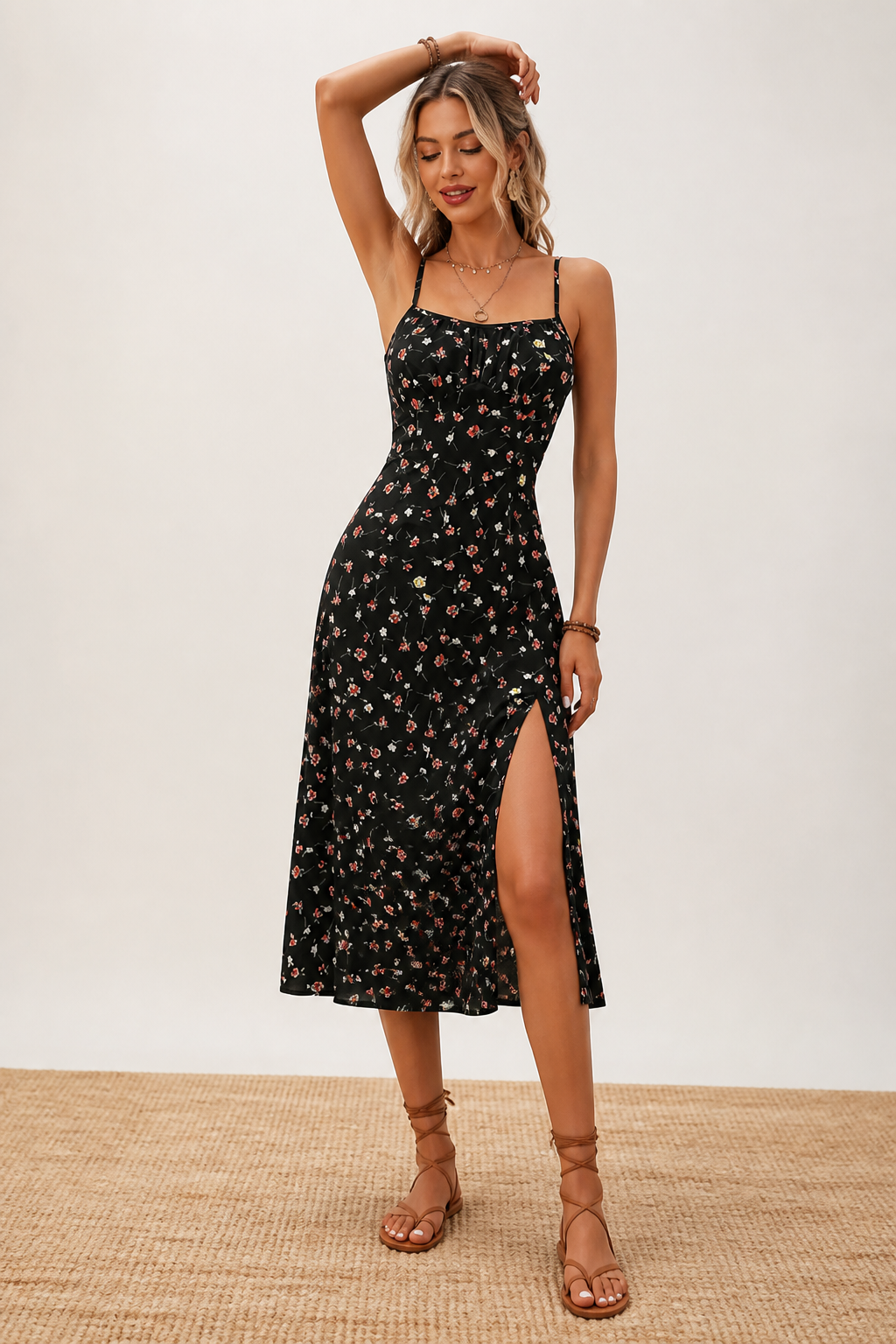 Lightweight Adjustable Spaghetti-Strap Floral Dress (Square Neck)