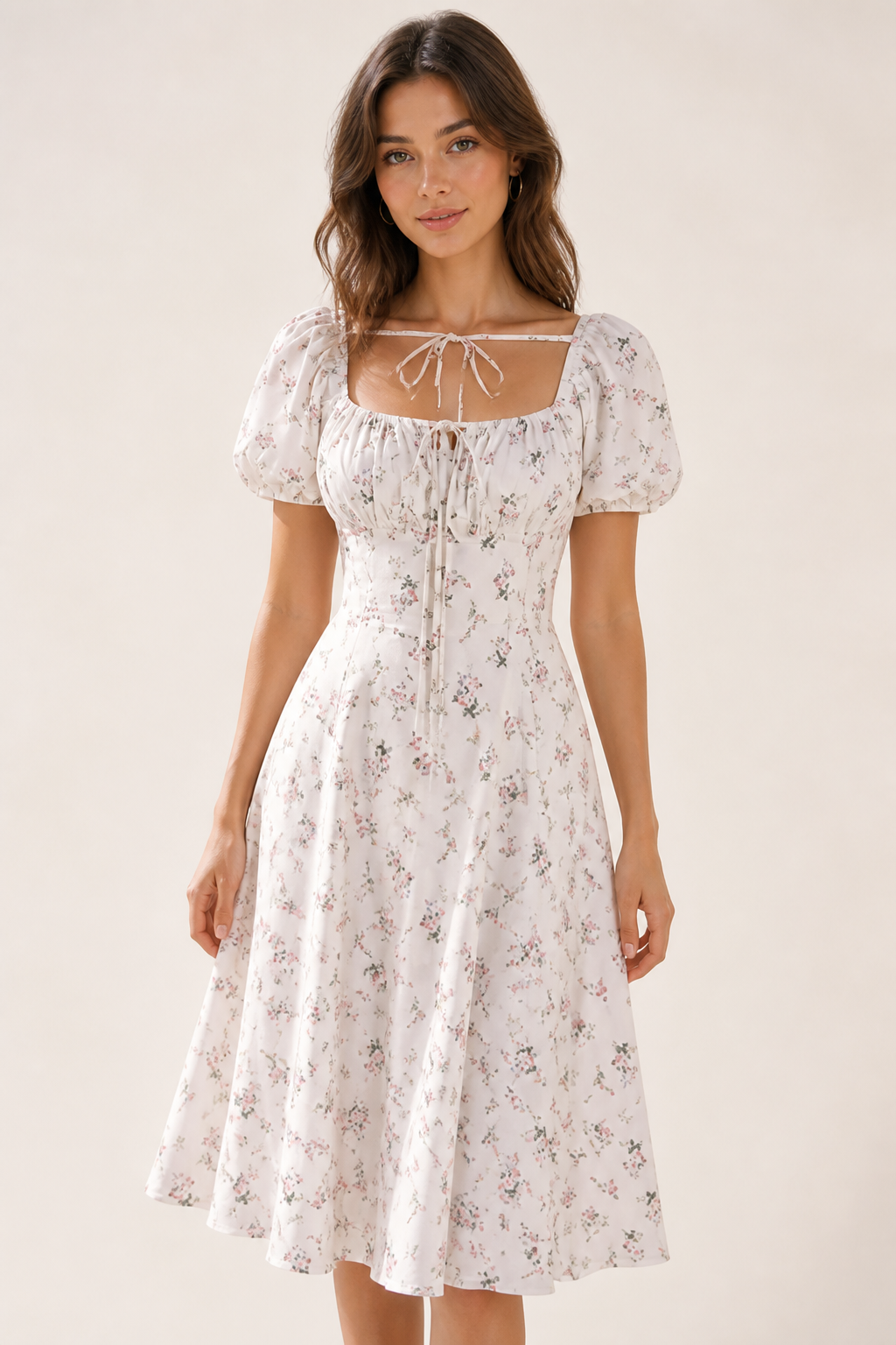 Romantic Floral Waist-Cinching Tie-Front & Back Square Neck Dress