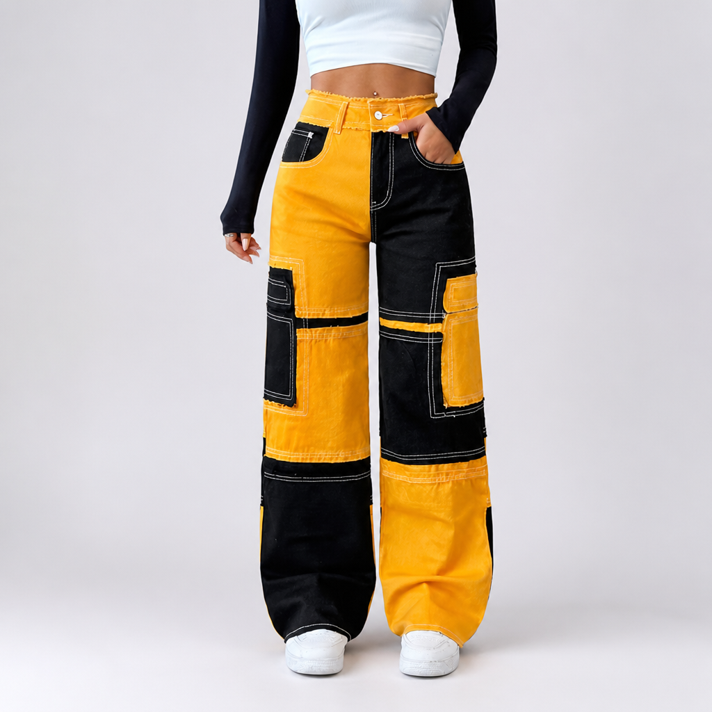 Colorful Stitching High-Waisted Loose Straight Denim Pants