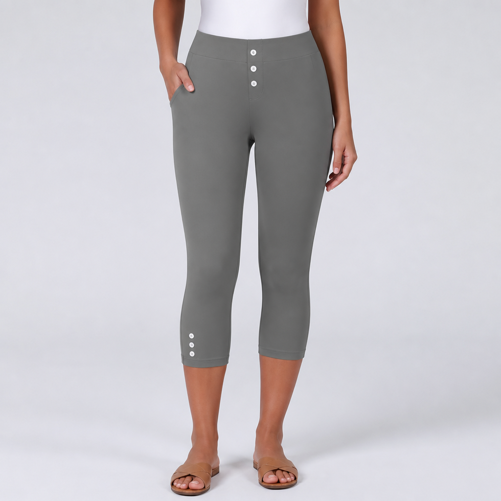 Stretchy Nontransparent Button-Front Capri Pants (Machine Washable)