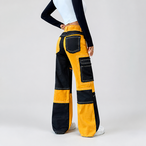 Colorful Stitching High-Waisted Loose Straight Denim Pants