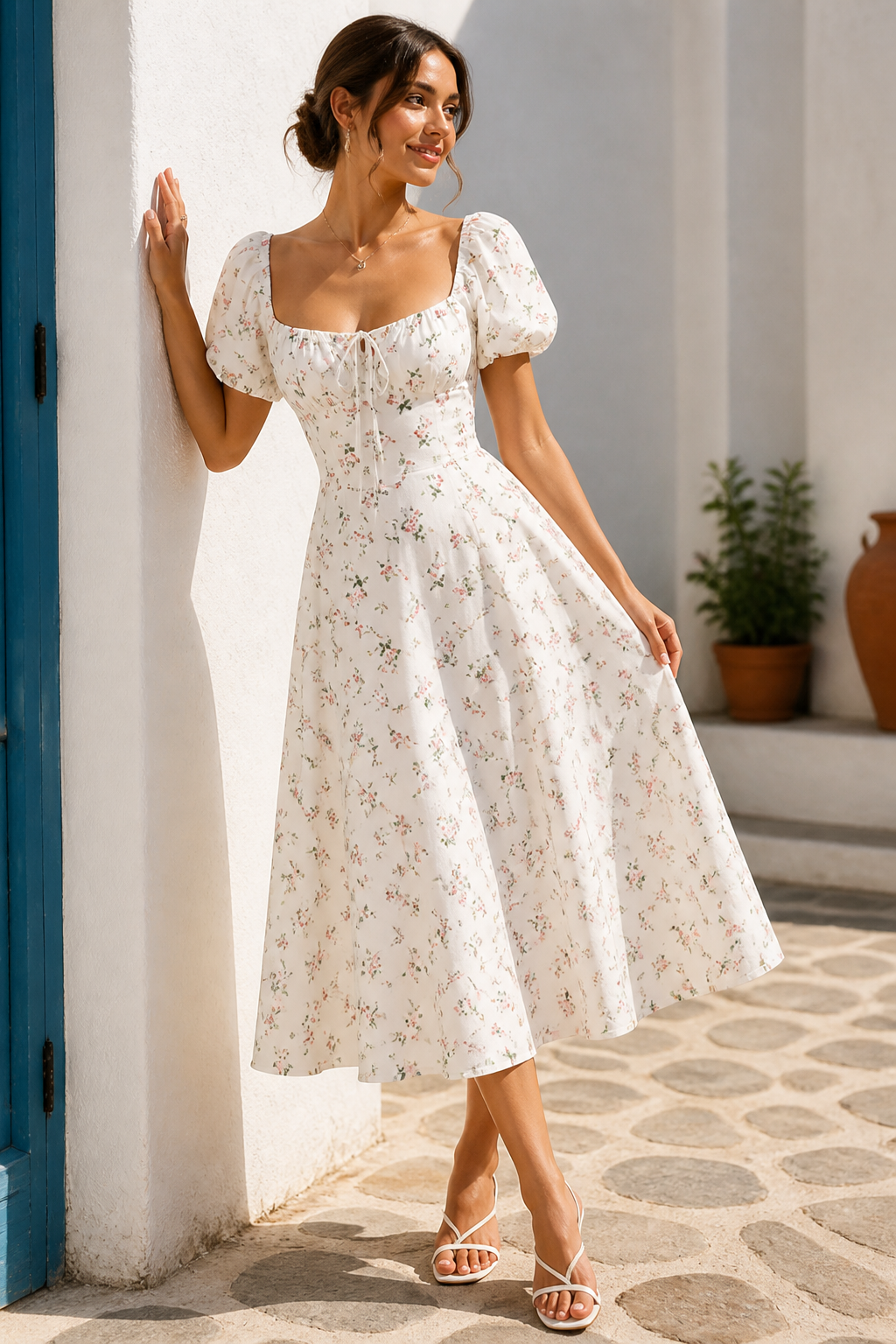 Waist-Cinching Floral Square-Neck Dress