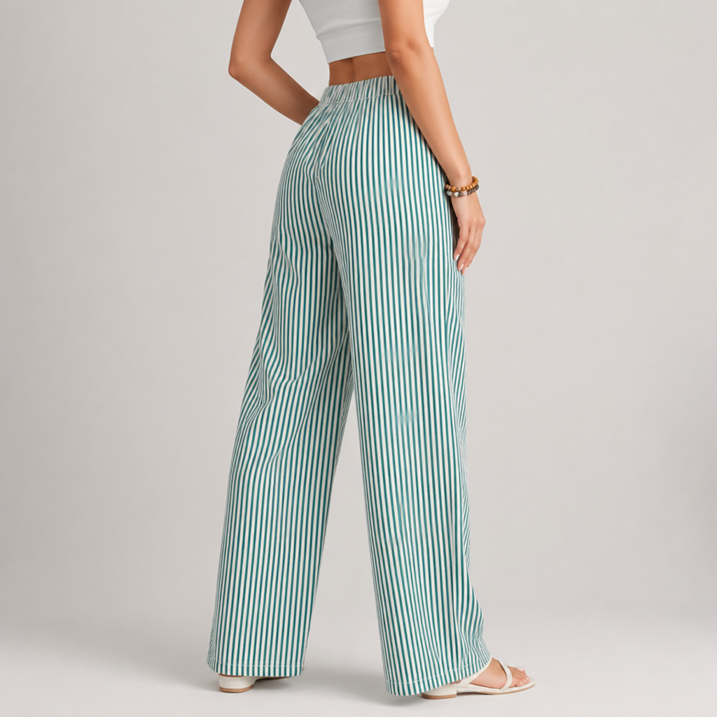 Elastic Drawstring Wide-Leg Striped Pants