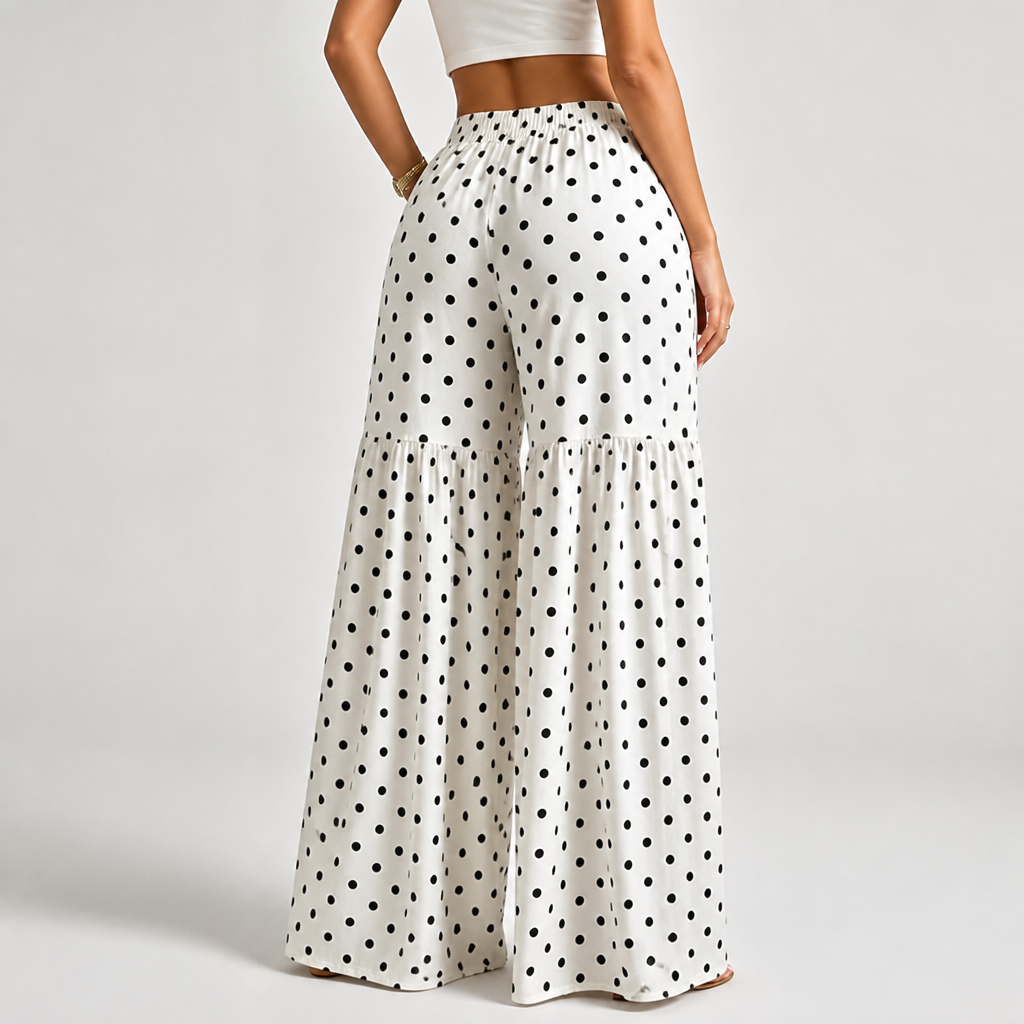 High-Waist Drapey Polka Dot Wide-Leg Pants