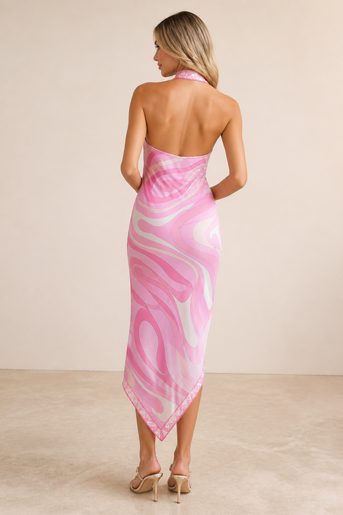 Bare-Shoulder Halter Beach Print Dress (Irregular Hem)