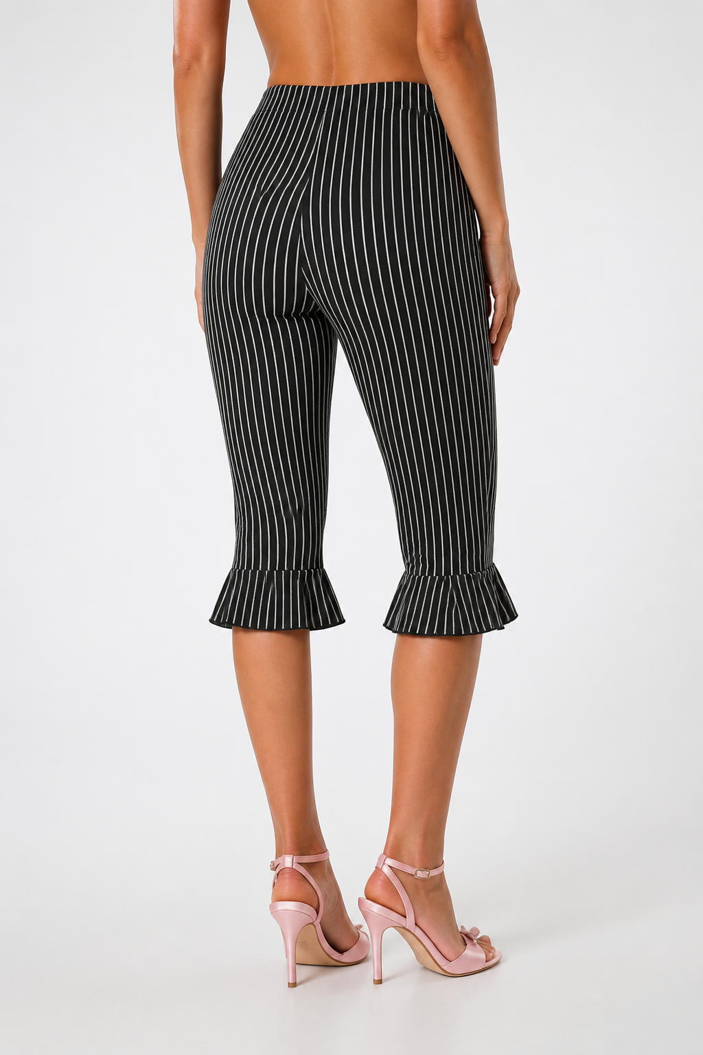 Elastic-Waist Striped Ruffle Capri Pants