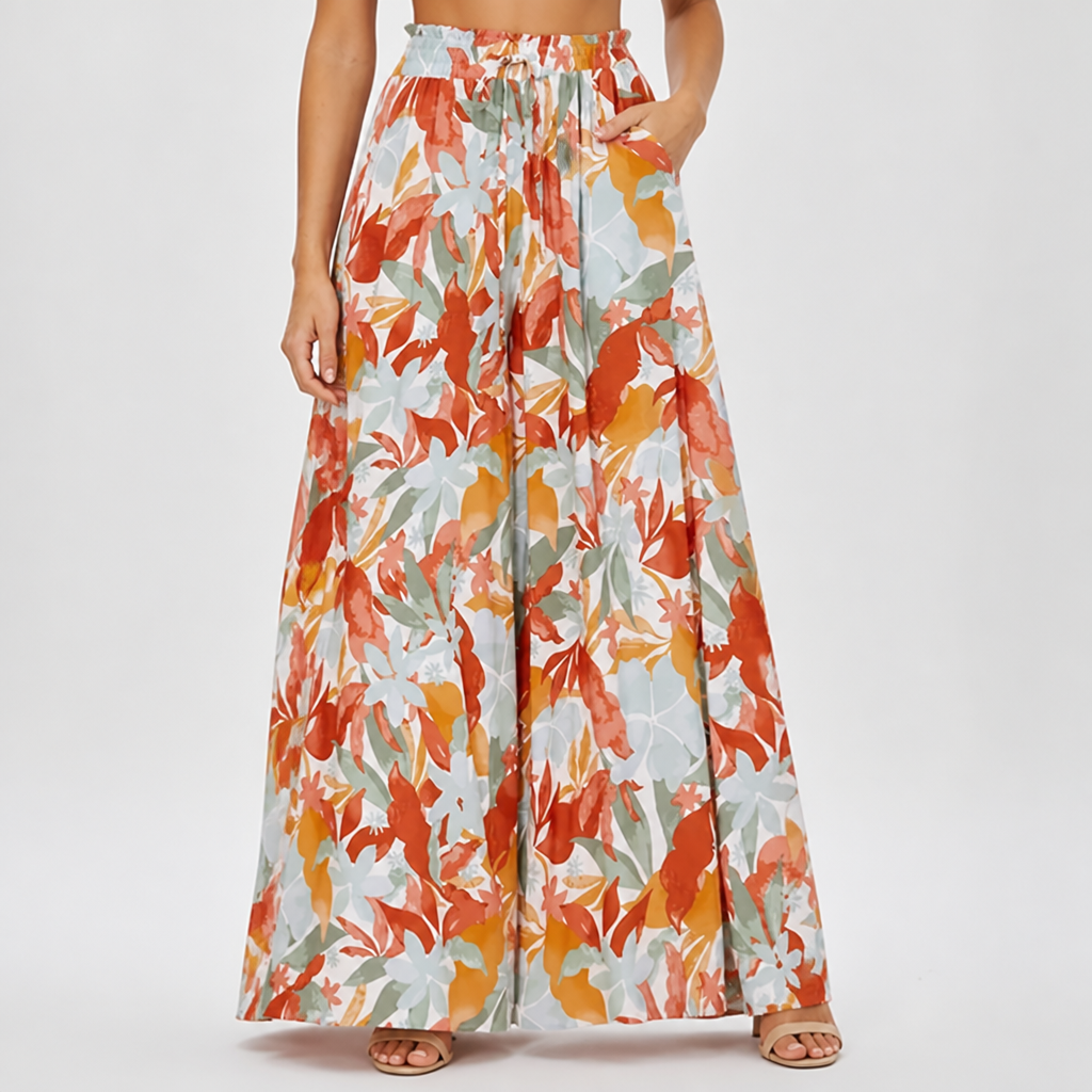 Elastic Waistband Wide-Leg Printed Pants