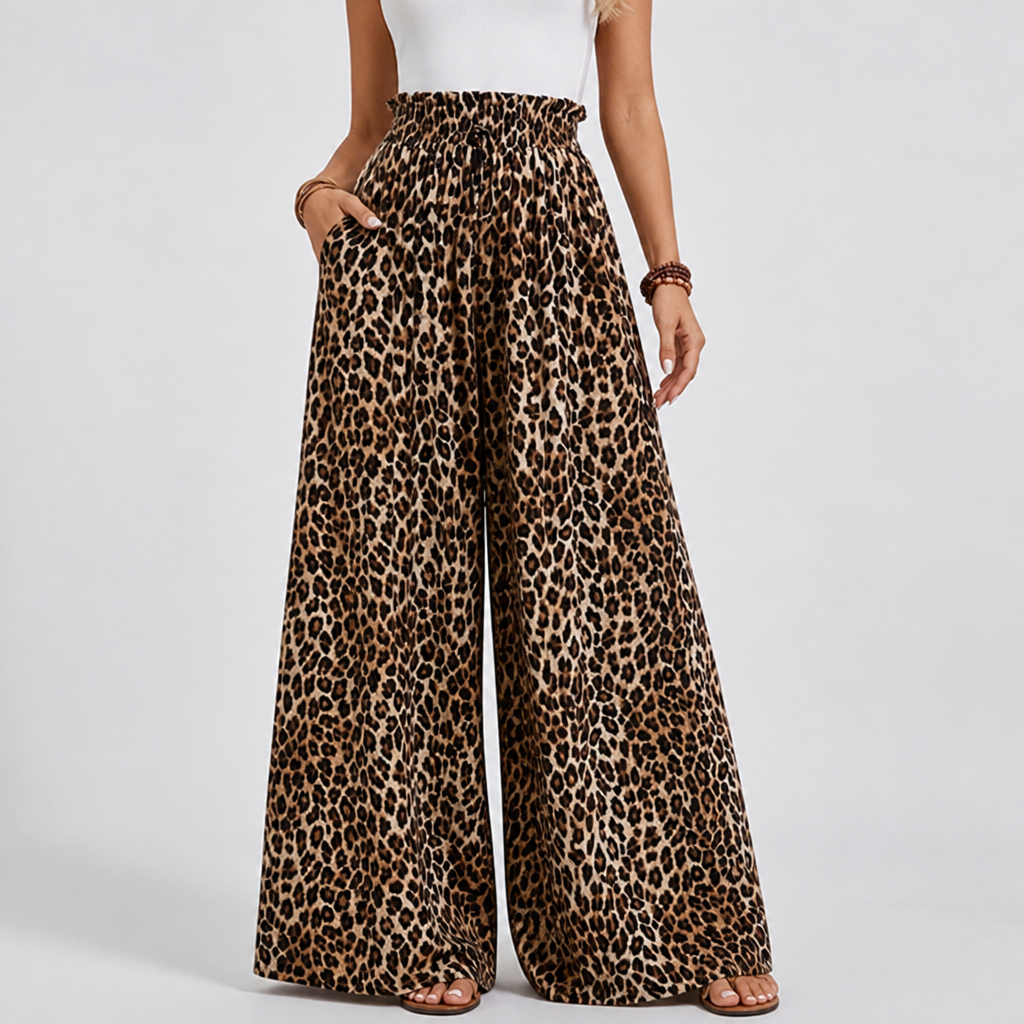Elastic Waistband Wide-Leg Printed Pants