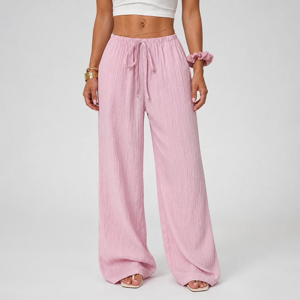 Waist-Tie Wide-Leg Women's Two-Piece Set With Pockets