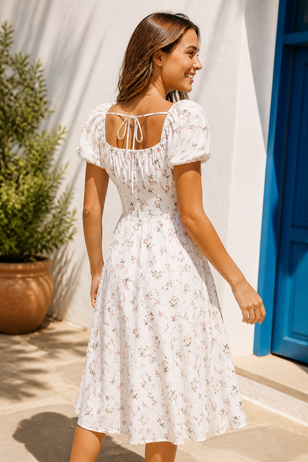 Romantic Floral Waist-Cinching Tie-Front & Back Square Neck Dress