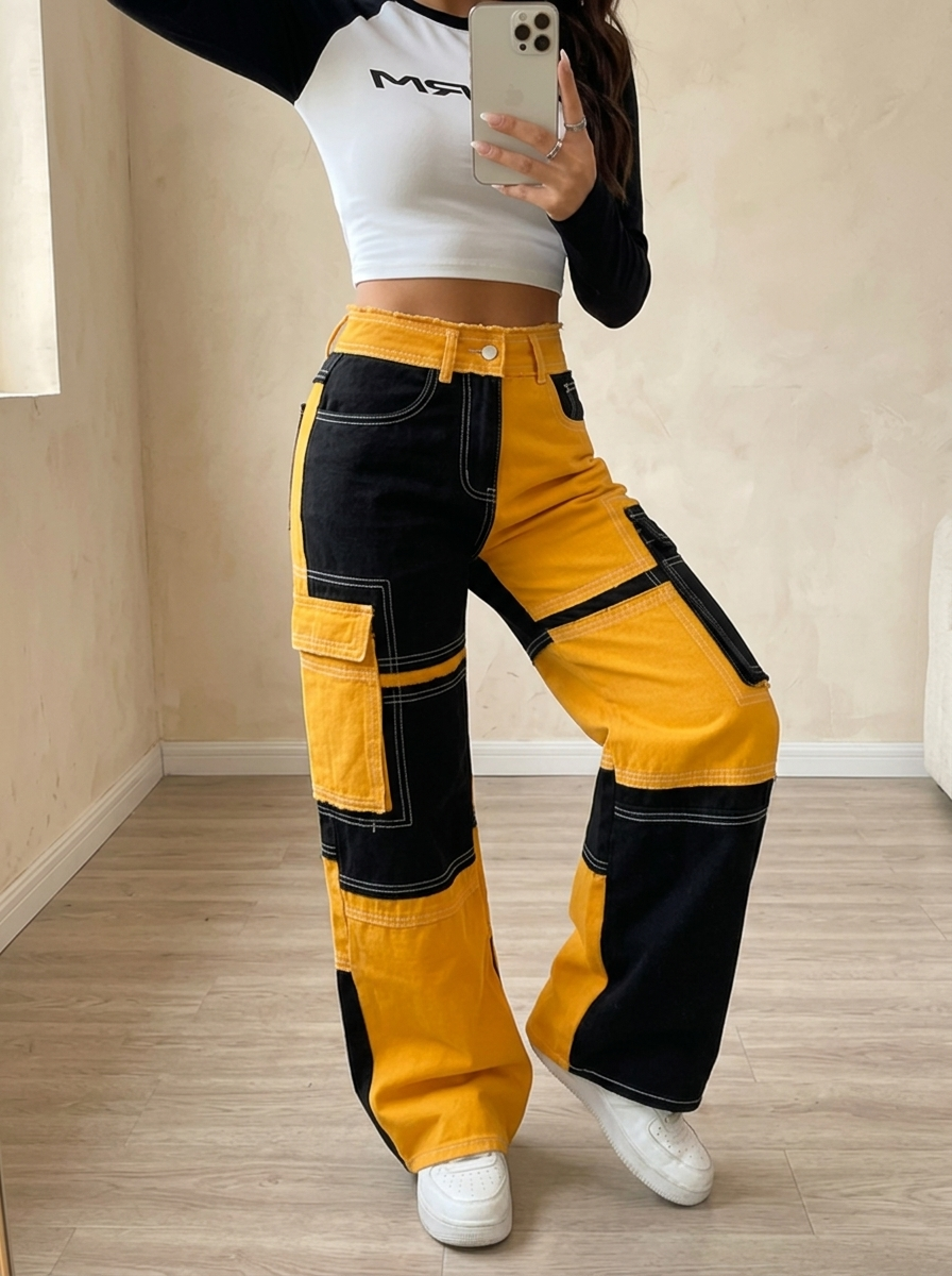 Colorful Stitching High-Waisted Loose Straight Denim Pants