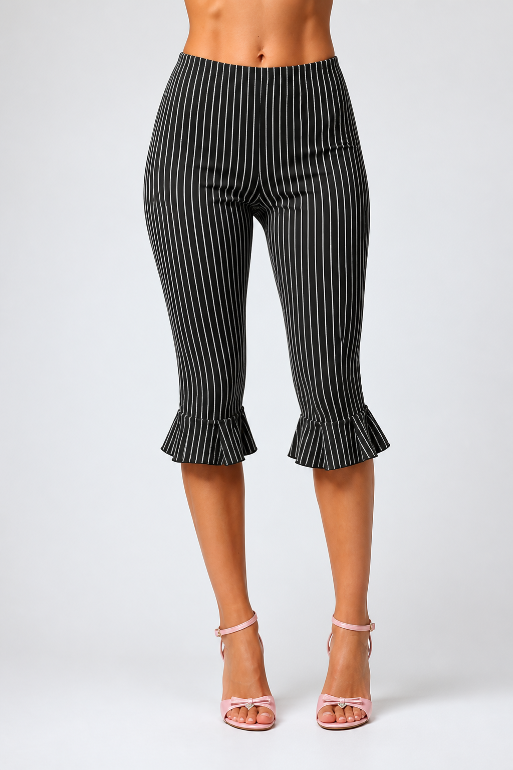 Elastic-Waist Striped Ruffle Capri Pants