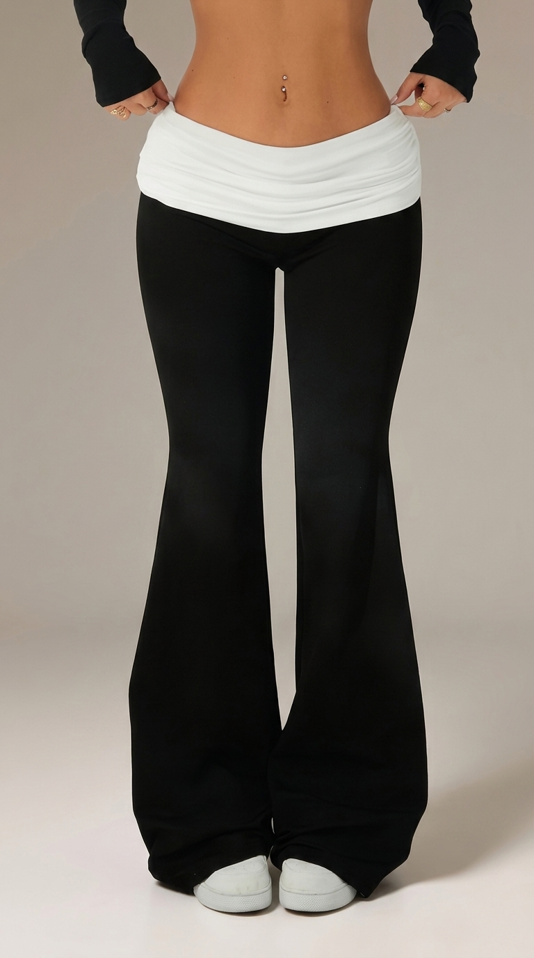 Y2K High-Stretch Contrast Waistband Flare Pants (Machine Washable)