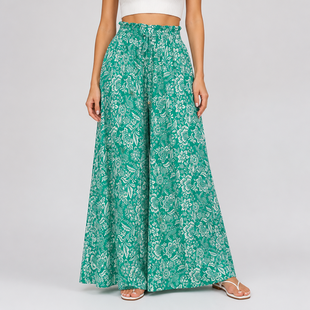 Elastic Waistband Wide-Leg Printed Pants