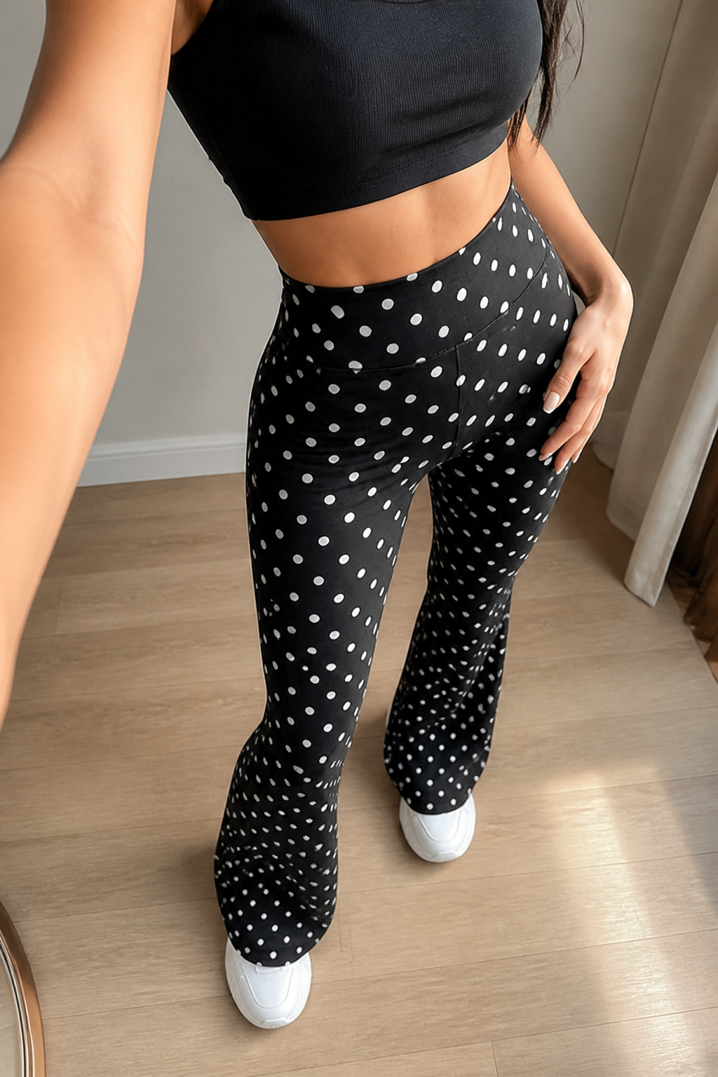 High-Waist Tummy Control Stretch Flared Pants (Polka Dot Print)