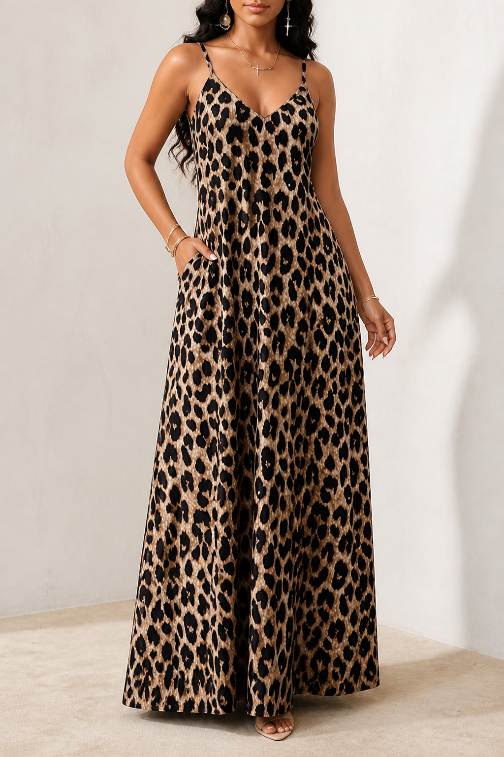 Leopard Print Belted Spaghetti Strap Dress