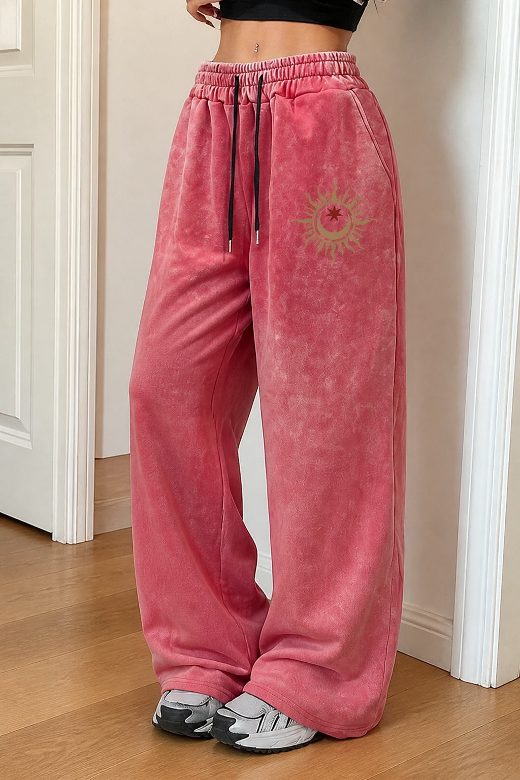 Elastic Drawstring Waist & Celestial Print Wide-Leg Pants