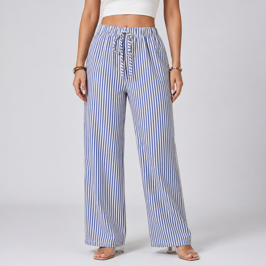 Elastic Drawstring Wide-Leg Striped Pants