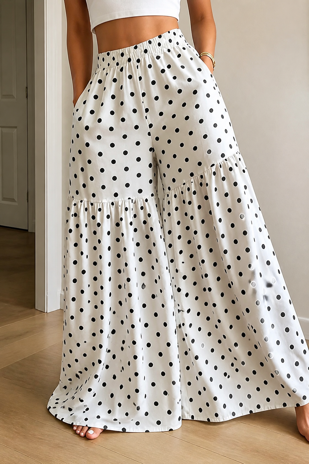 High-Waist Drapey Polka Dot Wide-Leg Pants
