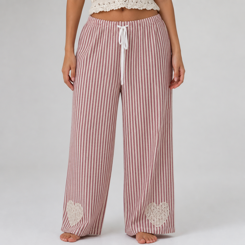 Striped Heart Lace Wide-Leg Pants