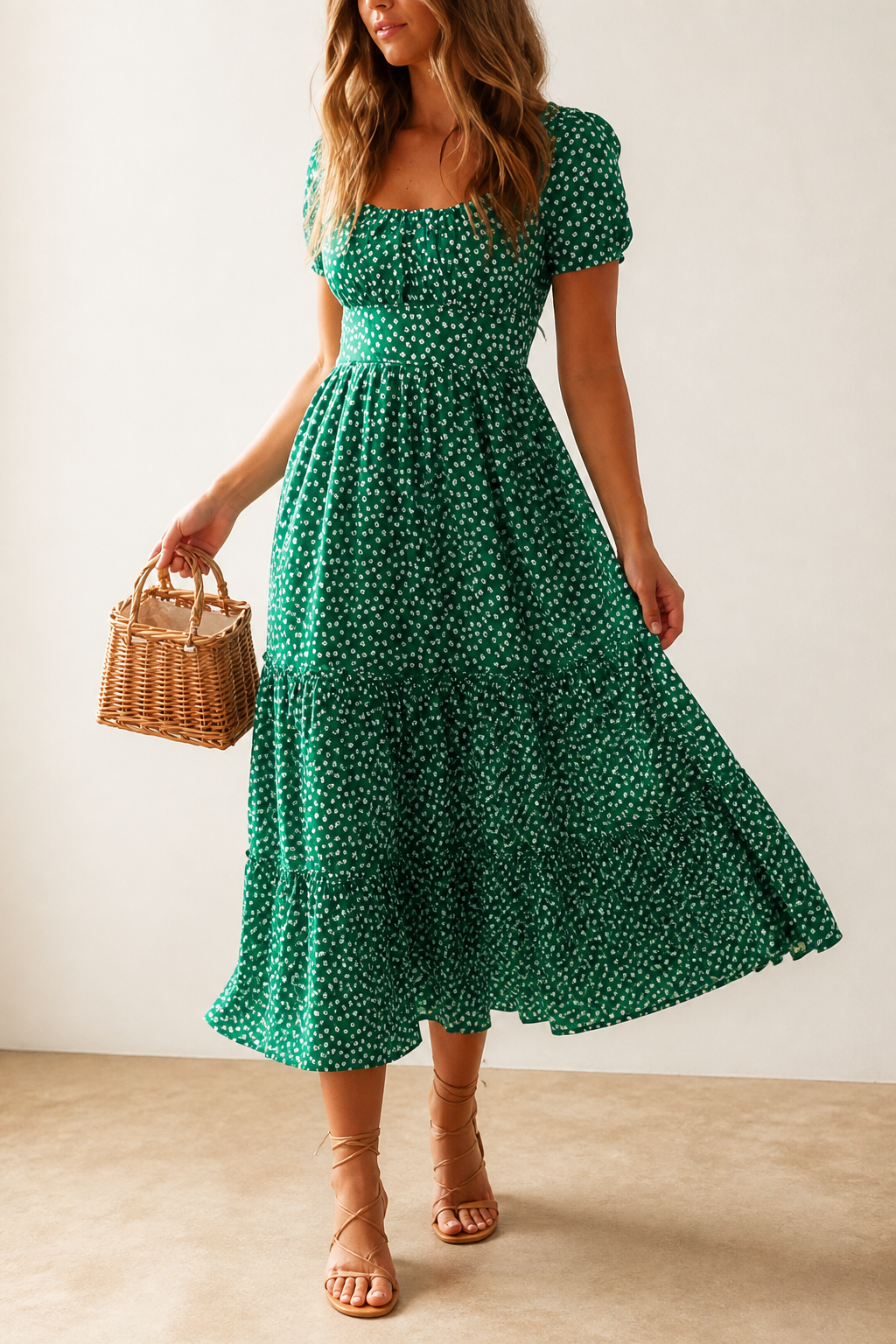 Vintage Floral Puff Sleeve Square Collar Maxi Dress
