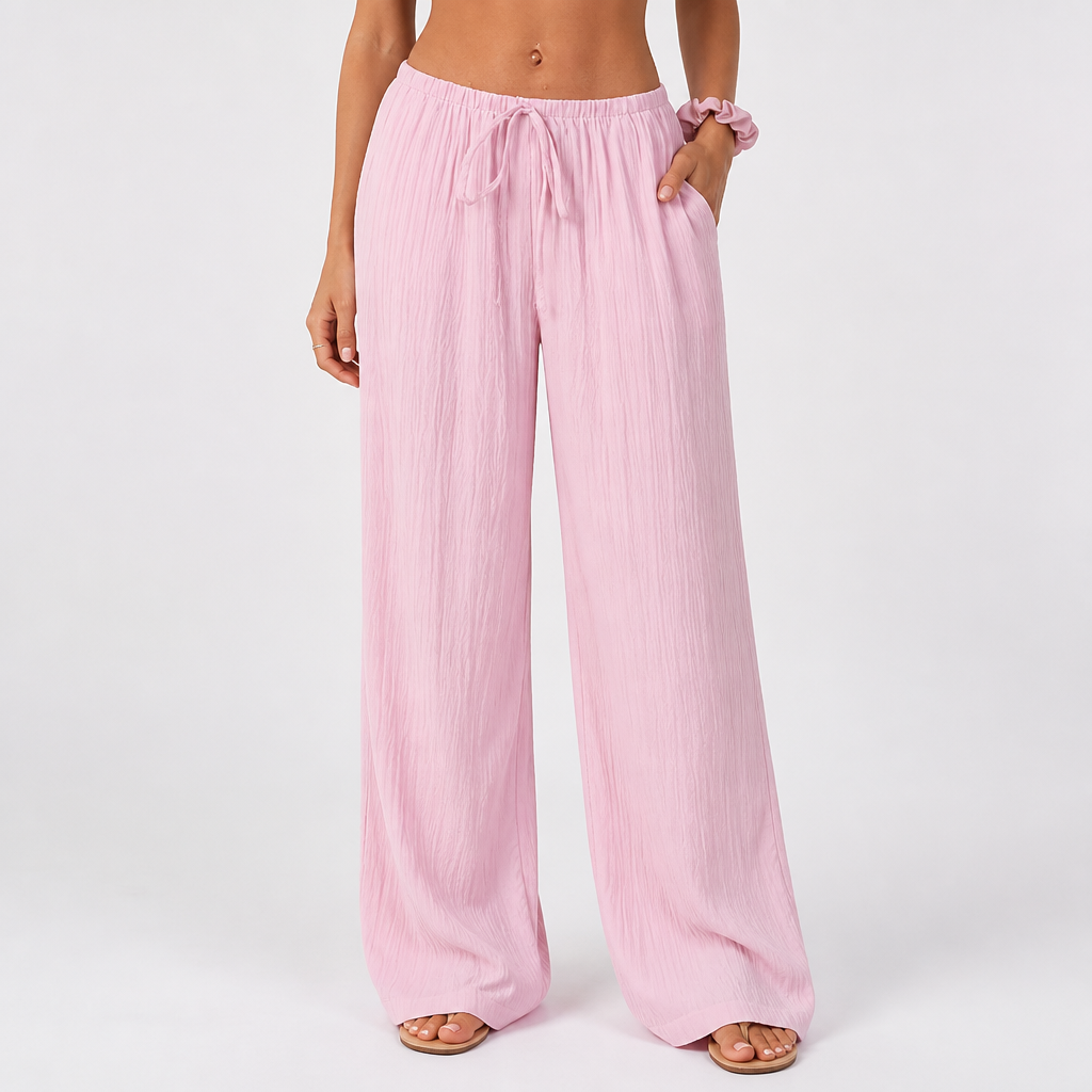 Waist-Tie Wide-Leg Women's Two-Piece Set With Pockets
