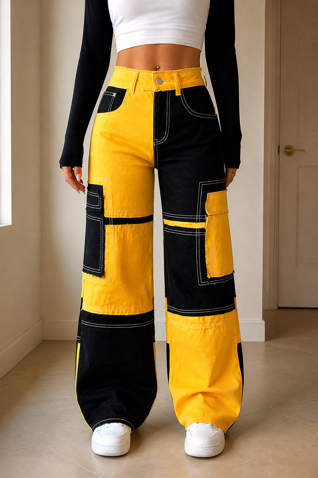 Colorful Stitching High-Waisted Loose Straight Denim Pants