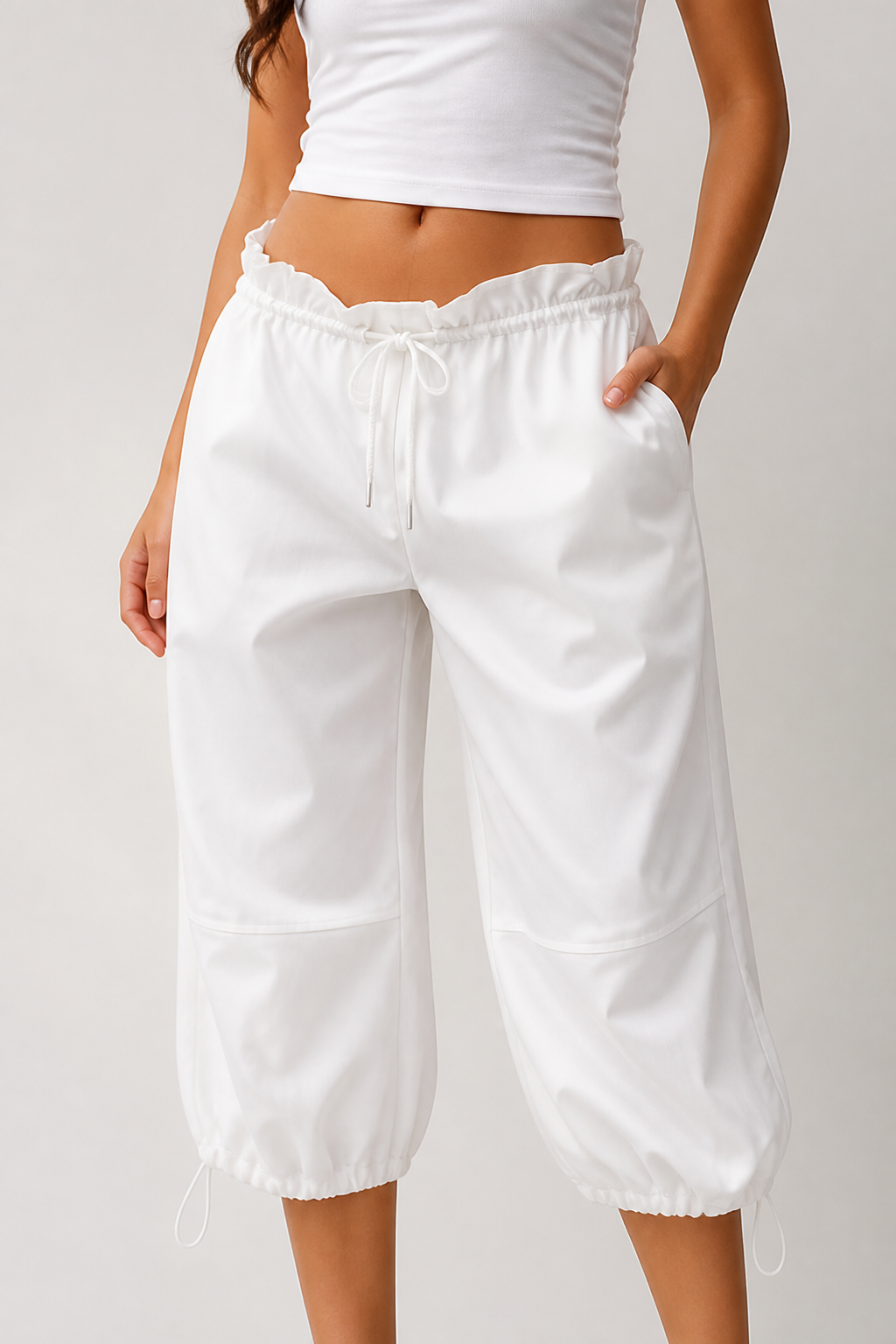 Adjustable Drawstring & Breathable Cropped Wide-Leg Pants (3/4 Length)