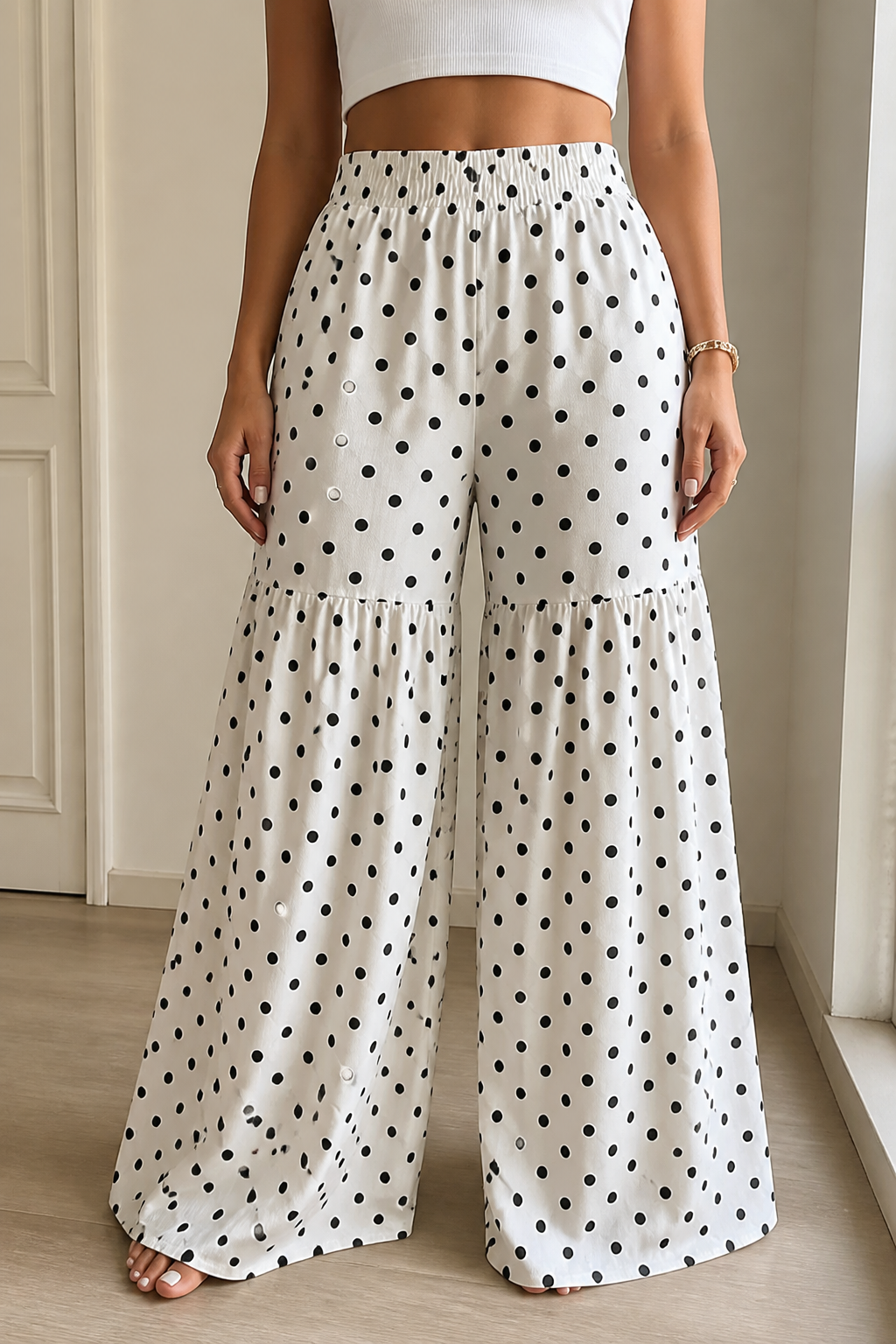 High-Waist Drapey Polka Dot Wide-Leg Pants