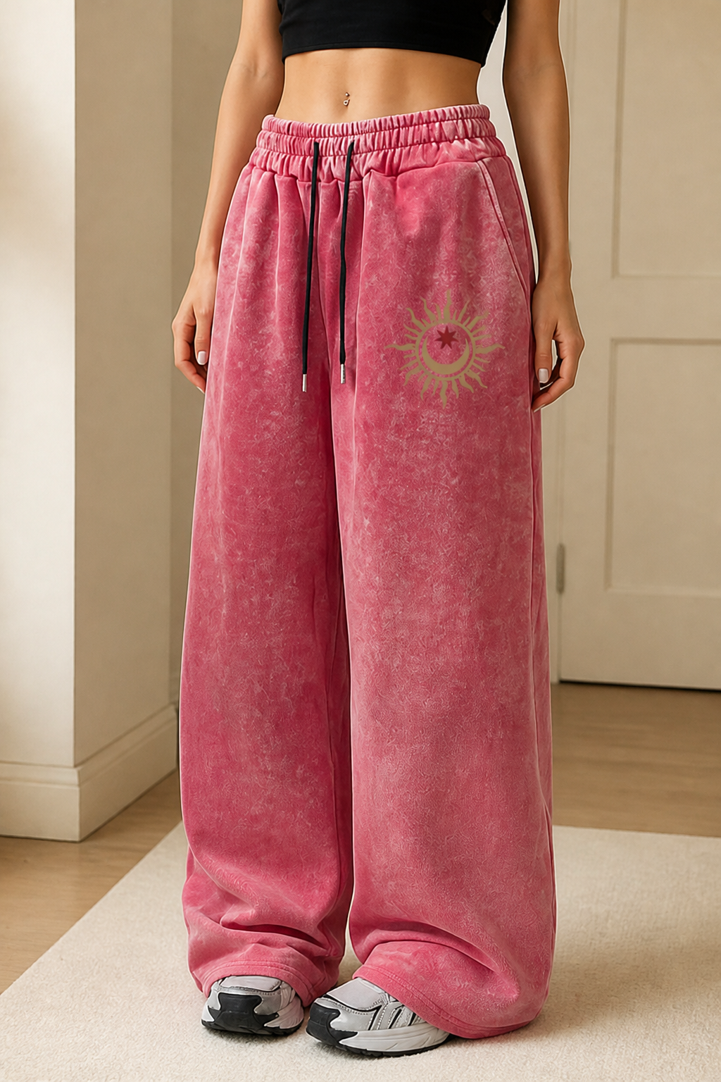 Elastic Drawstring Waist & Celestial Print Wide-Leg Pants
