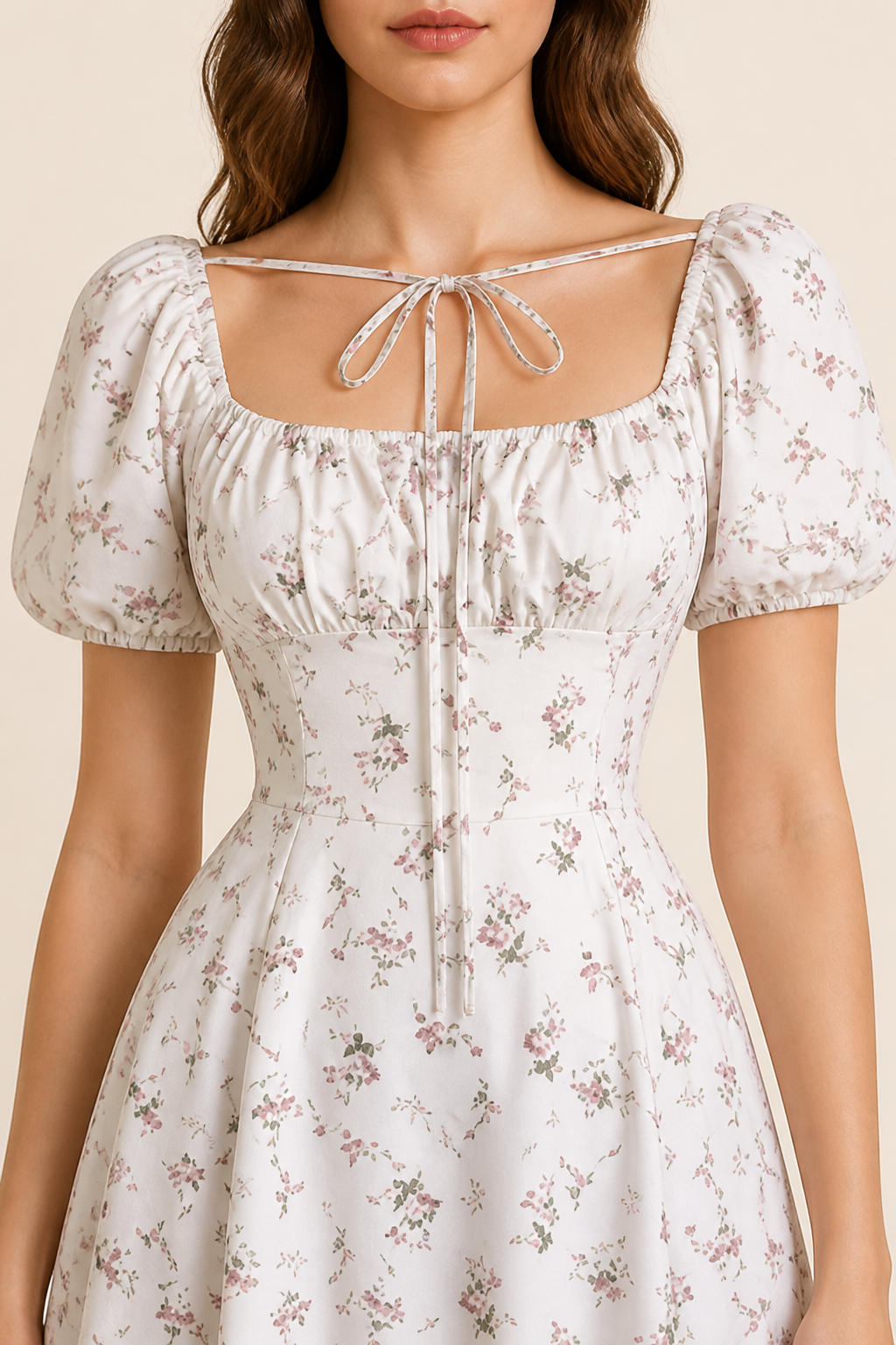 Romantic Floral Waist-Cinching Tie-Front & Back Square Neck Dress