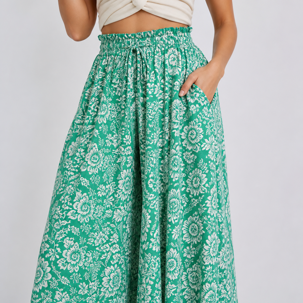 Elastic Waistband Wide-Leg Printed Pants