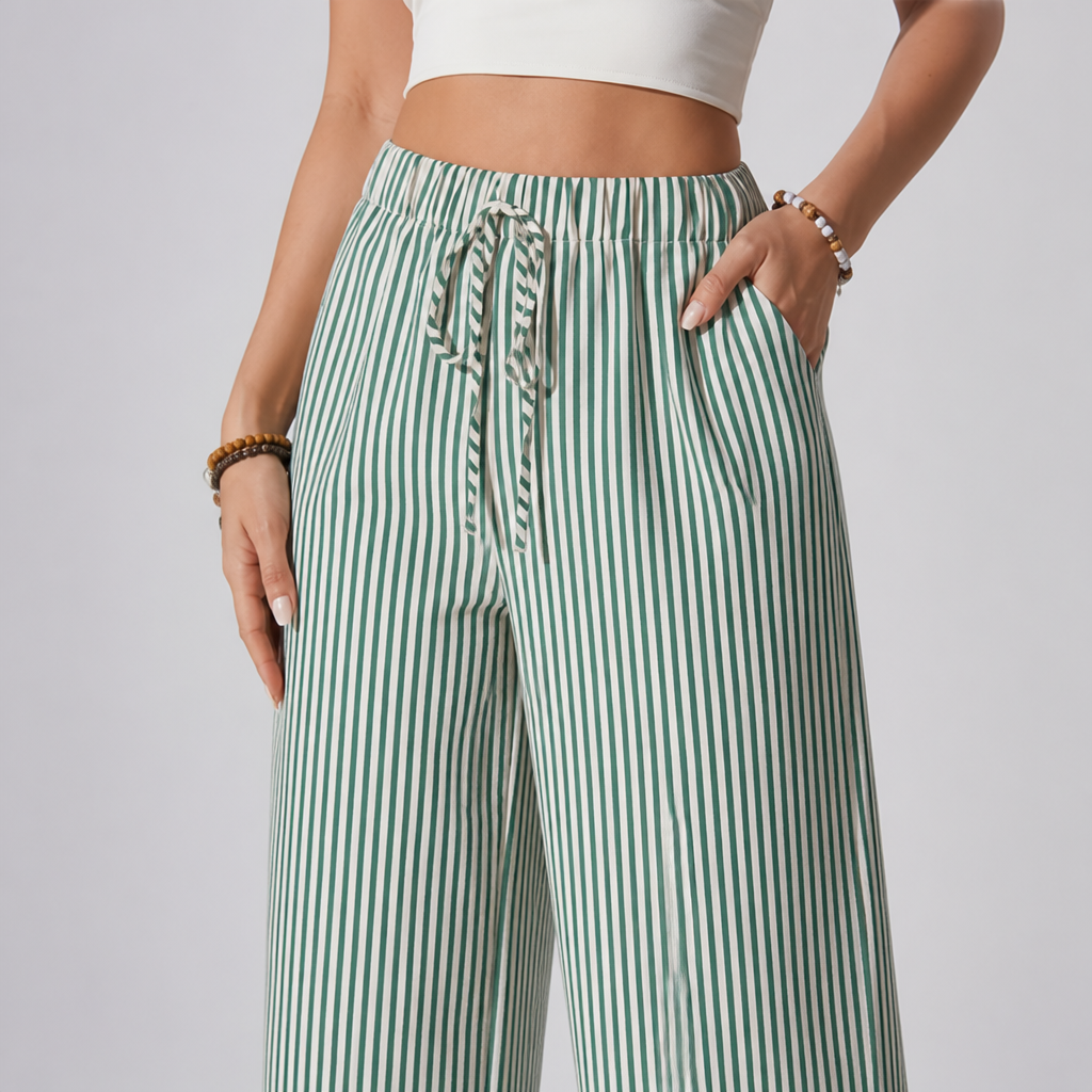 Elastic Drawstring Wide-Leg Striped Pants