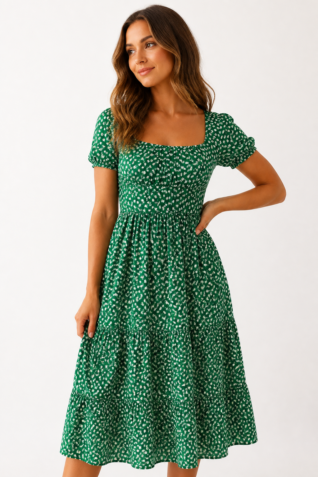 Vintage Floral Puff Sleeve Square Collar Maxi Dress