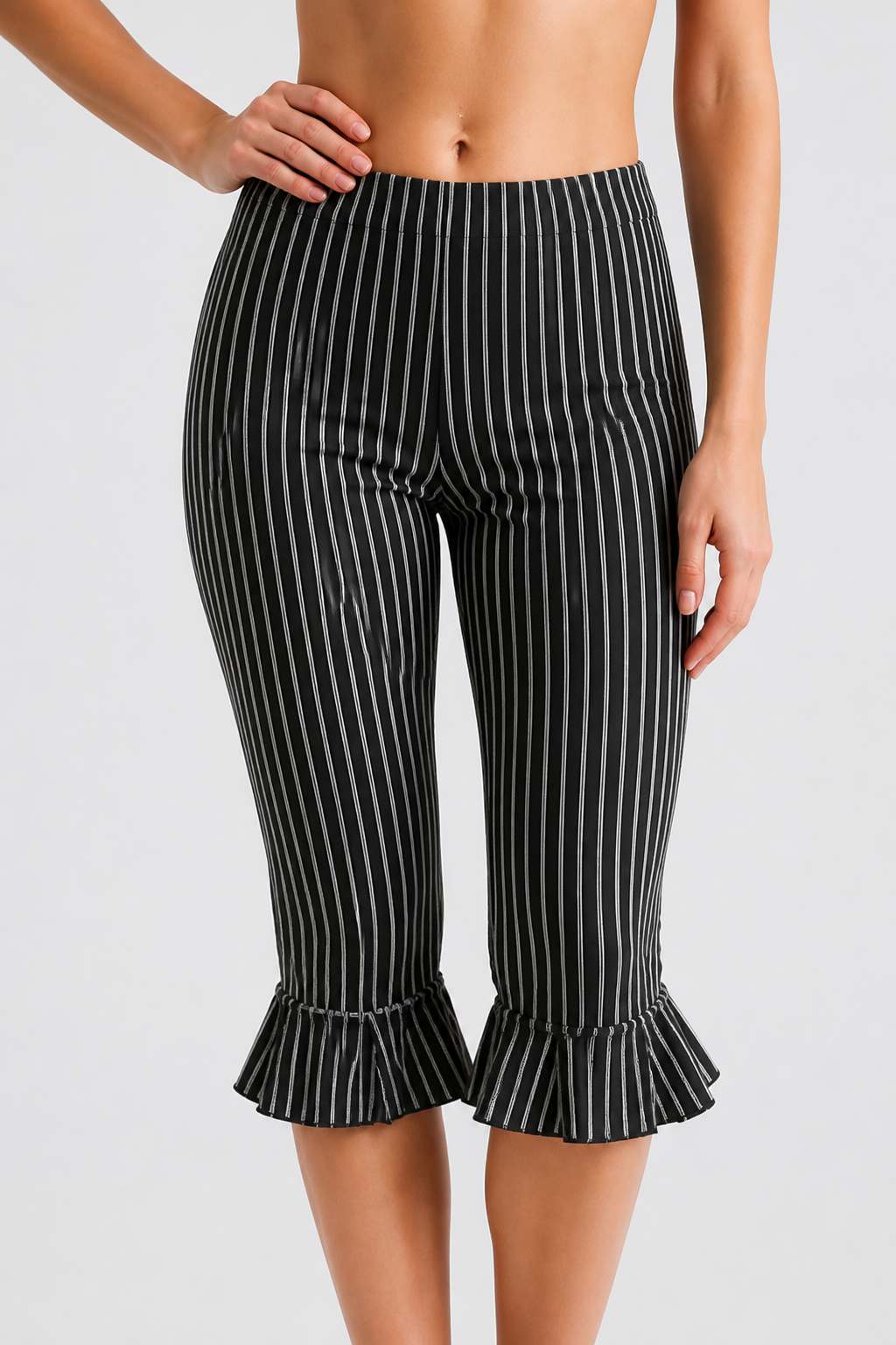 Elastic-Waist Striped Ruffle Capri Pants